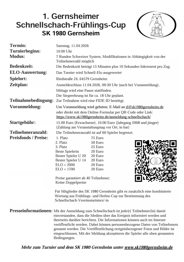 Ausschreibung Schnellschach Frühlingscup 2026